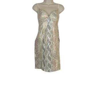 Katraca Womens Bodycon Mini Dress Silver Shimmer Cream Cobra Print X XS New